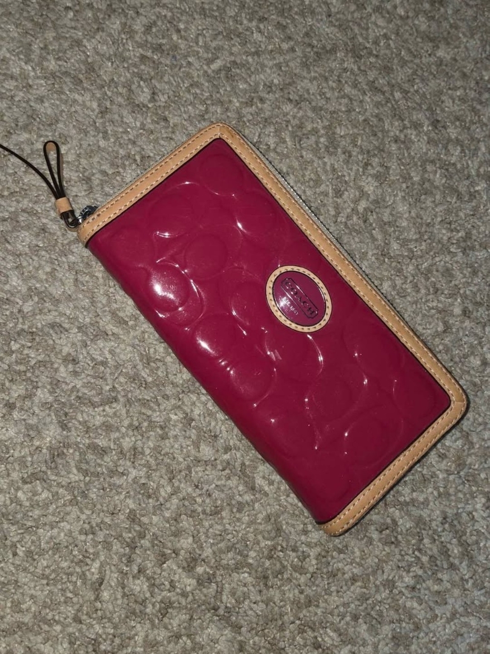 Coach Patent Leather Zip Wallet in Deep Pink with Tan Trim